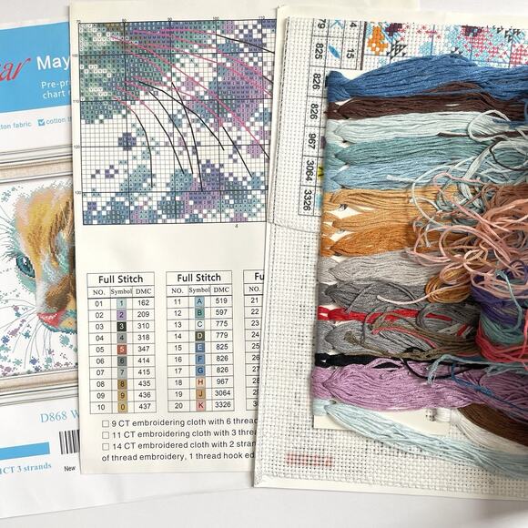 Watercolor Cat Stamped Cross Stitch Kit Maydear 16 x 16" Kitty Face Portrait New - Picture 4 of 5